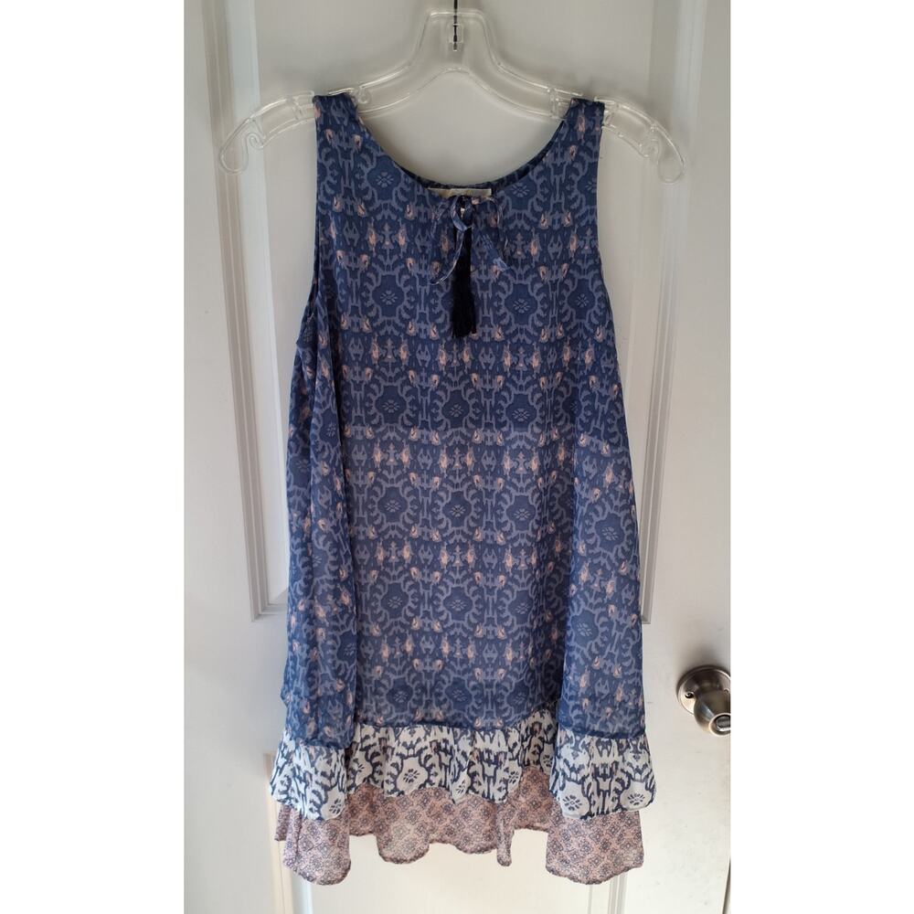 Rewind Women’s Small Boho Sleeveless Dress Blue Sheer‎ Tassel Tie Keyhole Ruffle